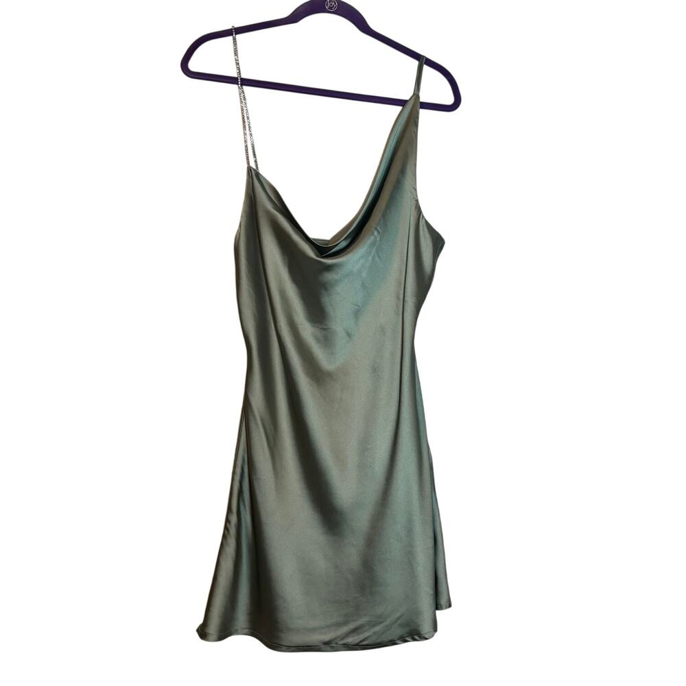 Sisu Collection Olive Satin Slip Dress L Chain Strap Cowl Neck Cocktail Mini NWT